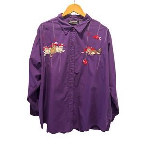 VTG Citicraze Purple Embroidered Cat Button-Up Shirt 3X Whimsycore NoveltyShirt
